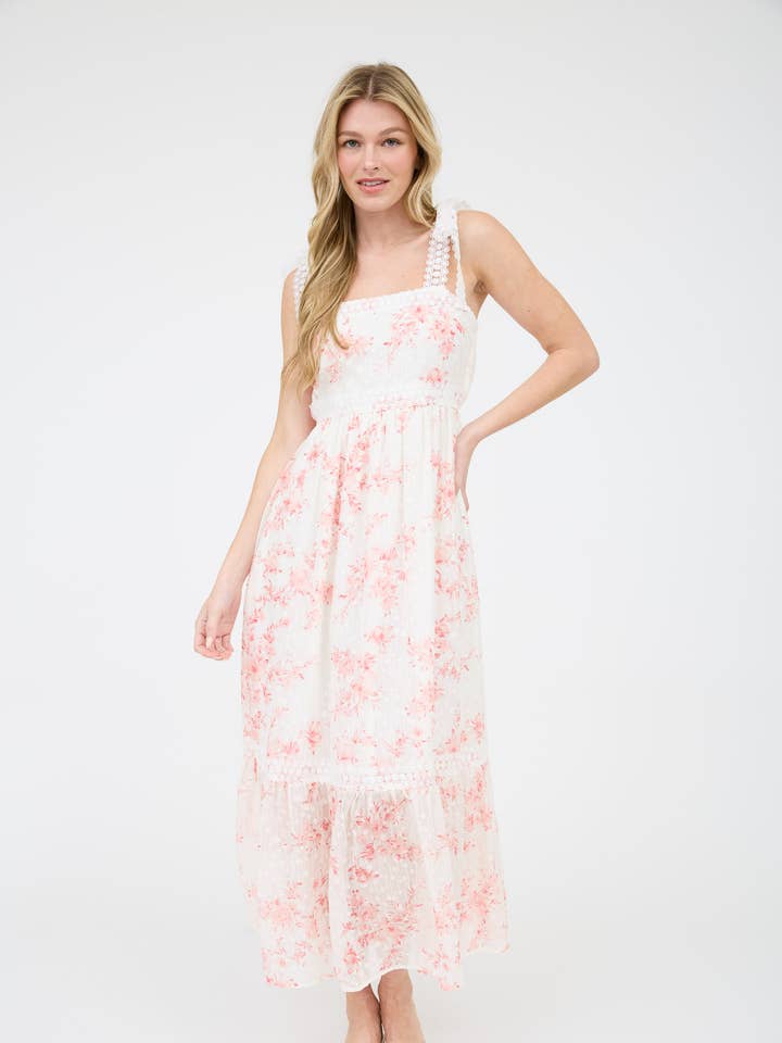 MINE - Wholesale Dress - Women's - POLKA DOT FLORAL EYELET LACE TRIM MIDI DRESS
