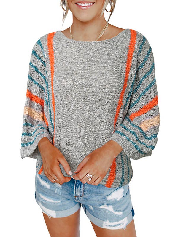 Suhkasana - Wholesale Knit Sweater - Women's - Striped Detail Wide Sleeve Lightweight Knitted Sweater