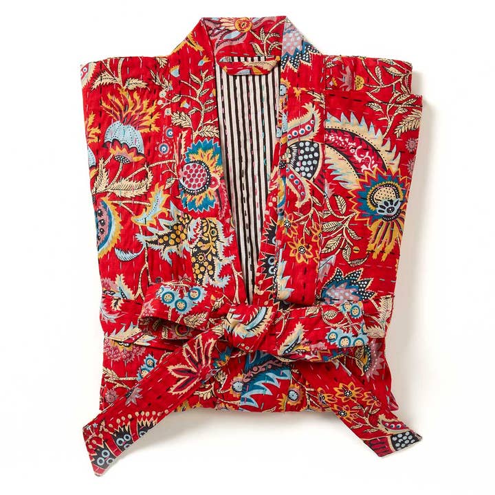 Crimson Paisley Kantha Robe for wholesale by SERRV International
