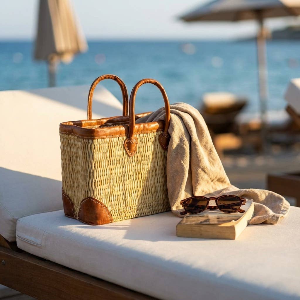 Melecraft - Vente Paniers - Panier de marché en roseau tissé de luxe avec garniture en cuir3