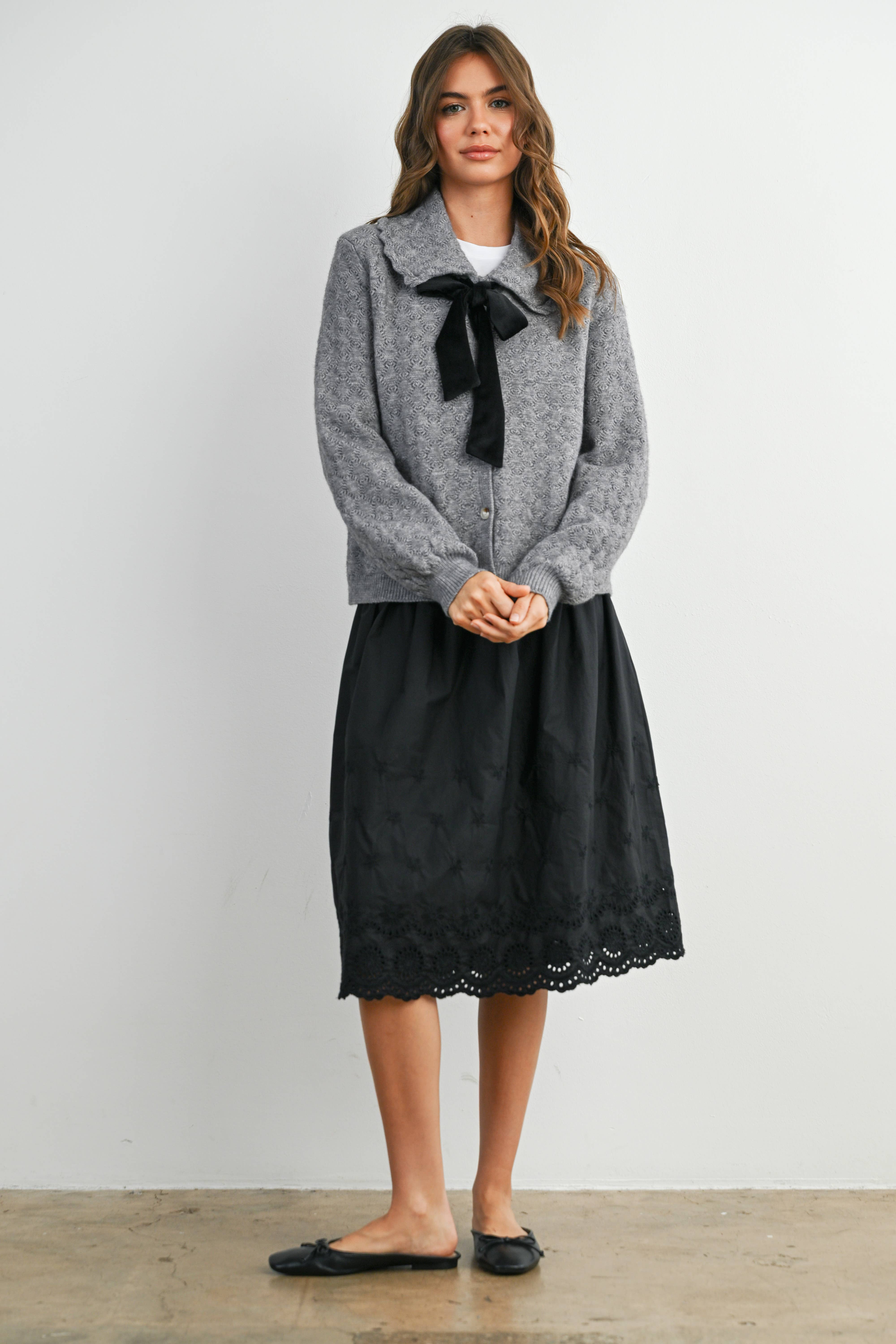 BUTTERMELON - Wholesale Cardigan - Women's - Button-Up Bow Front Collared Long Sleeve Top - BMC777624