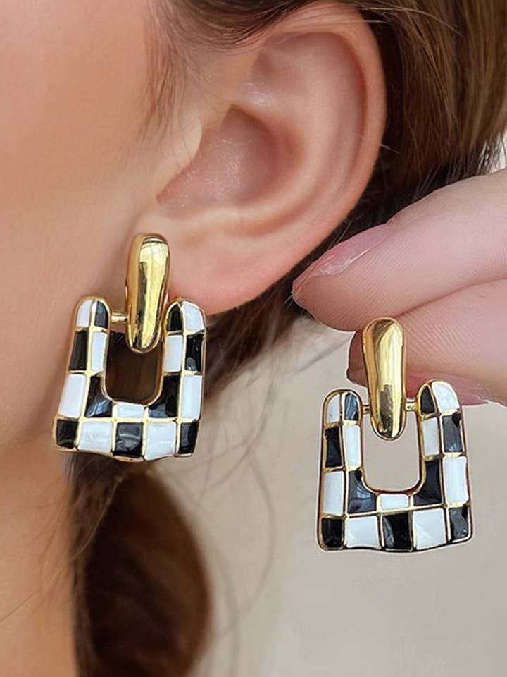 Checkered Pattern Square Shape Stud Dangle Earrings for wholesale by 1 the Woman