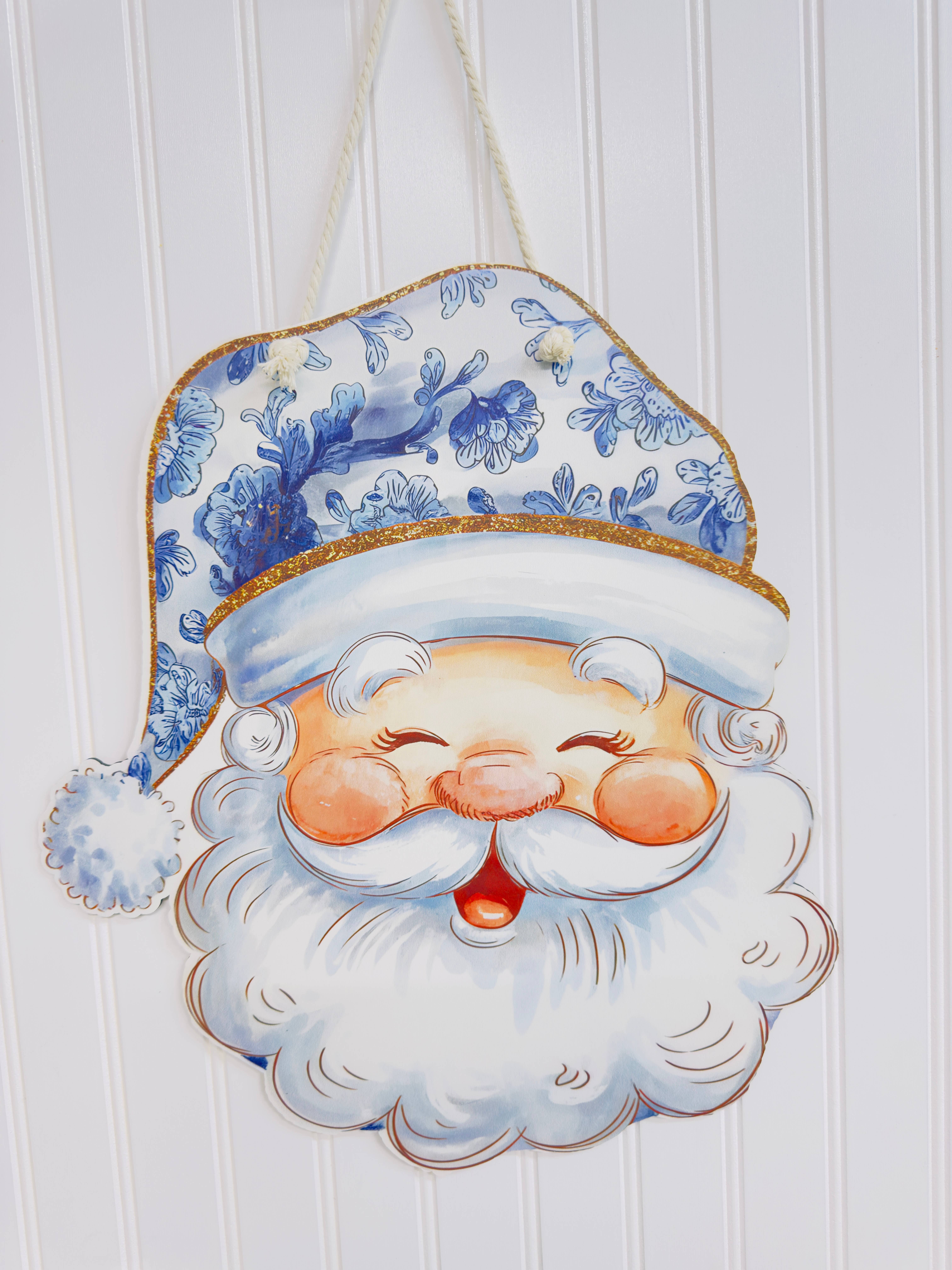 The Adorned Fox Home - Wholesale Door Hanger - Blue Chinoiserie Santa Door Hanger1