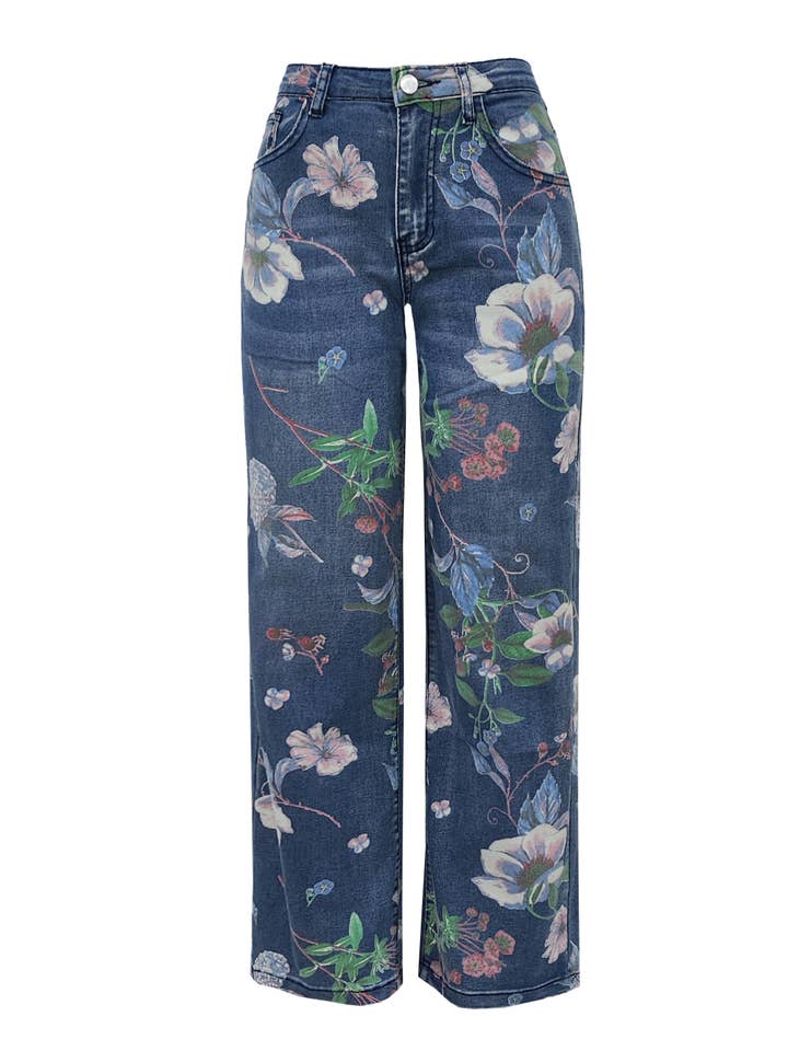 Extra long floral print jeans wide-leg jeans for wholesale by Rosa Clothing