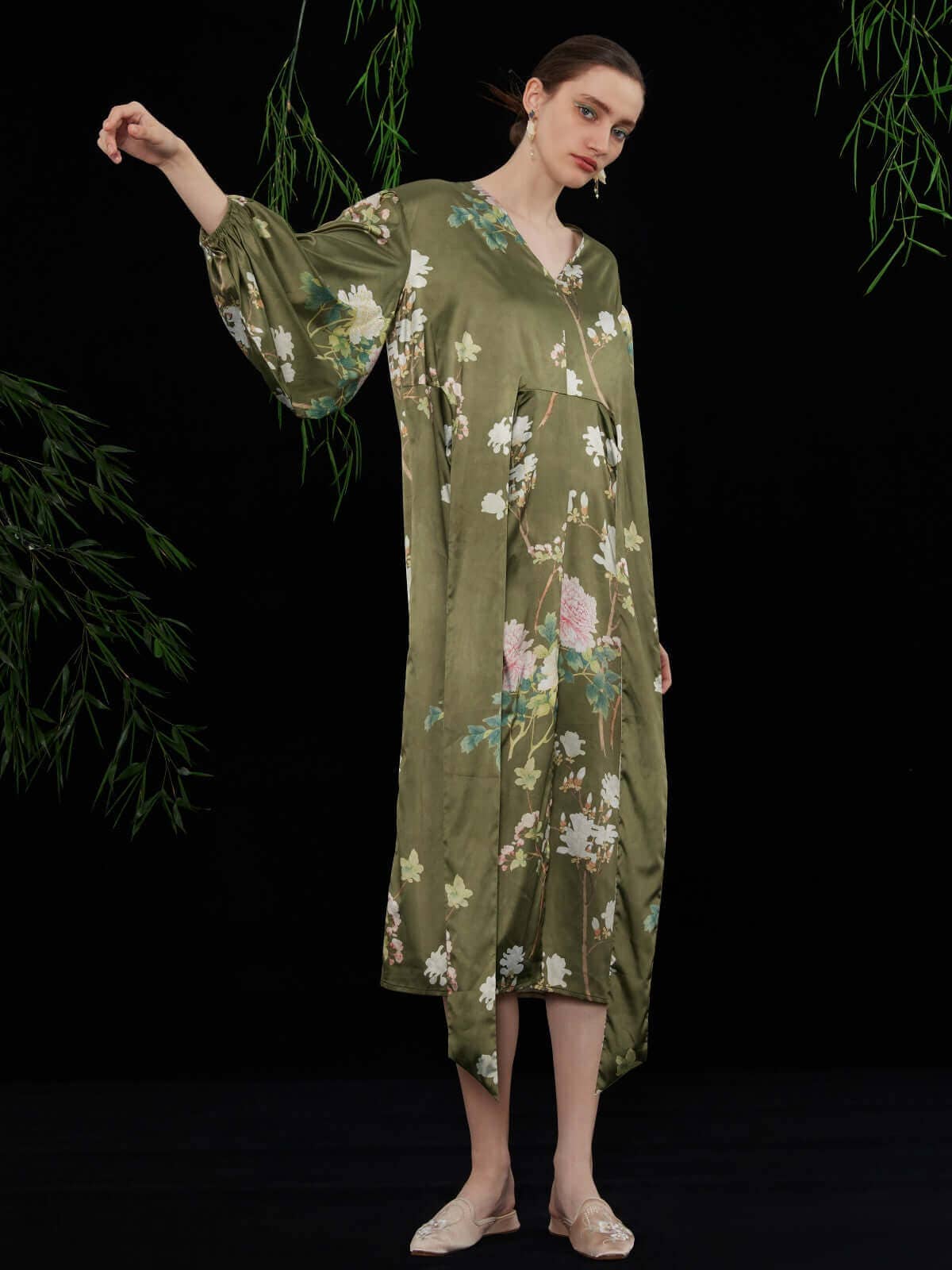 Olive Oriental Floral Lantern Dress for wholesale on Faire