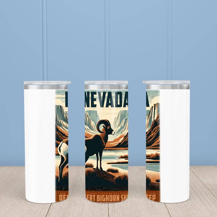 Gobelet skinny de 20 oz avec art numérique vintage Nevada State Animal pour la vente par ADDLE iNK