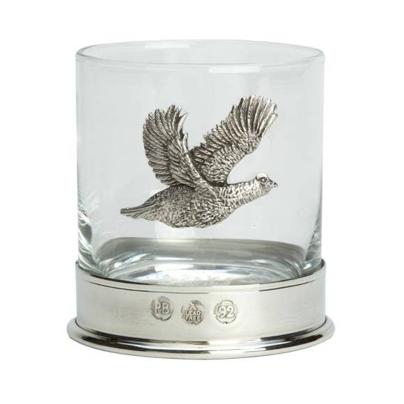 Nauticalia – wholesale Cocktail/liquor glass – Pewter-mounted Whisky Tumbler with Grouse Badge