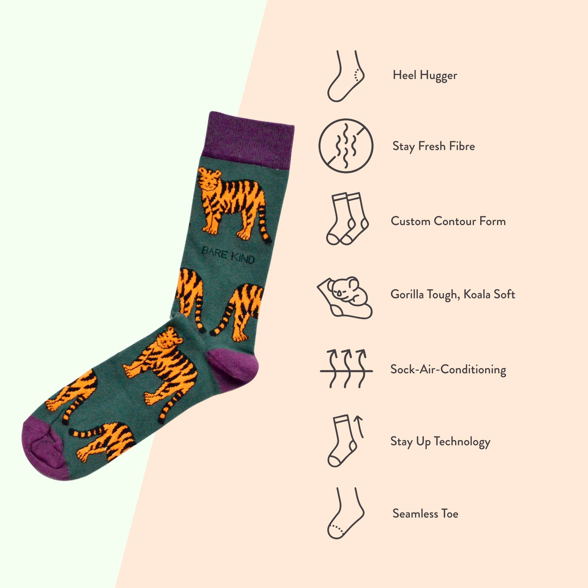 Bare Kind Socks - Vendita all'ingrosso Calzini - Unisex - Calze con Tigre | Calze in Bambù | Calze verdi | Calze ispirate all’Asia6
