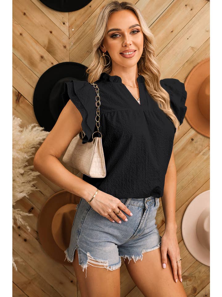 Aapparella - Wholesale Blouse - Women's - Women Ruffle Textured Flutter Sleeve V Neck Top | S-XL