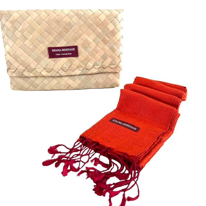 Krama Heritage - Wholesale Scarf - Women's - The Textured Orange Krama in its palm leaf case - Woman0