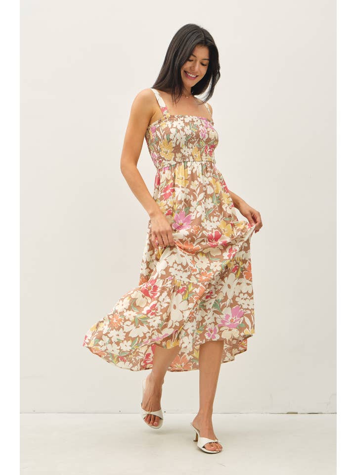 Be Cool - Wholesale Dress - Women's - FLORAL PRINTED MIDI DRESS W/ SMOCKED BODICE