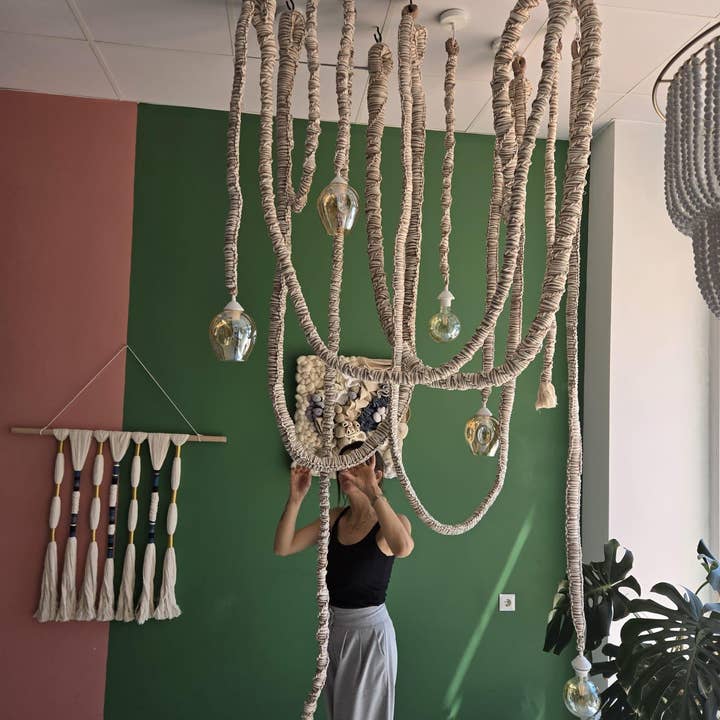 Joy's Arts - Wholesale Chandelier/Hanging Light - Macrame Chandelier with Glas Shades - Boho Cotton Cord Ceiling Light for Dining & Living Room3