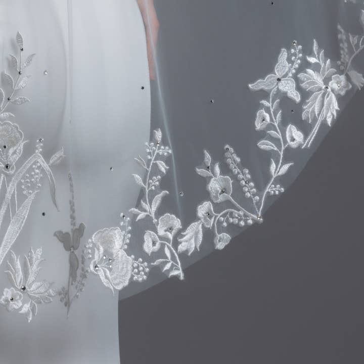 FS6235 Floral Embroidered Lace Crystals Bridal Veil 42" 54" for wholesale by Farinosa Bridal