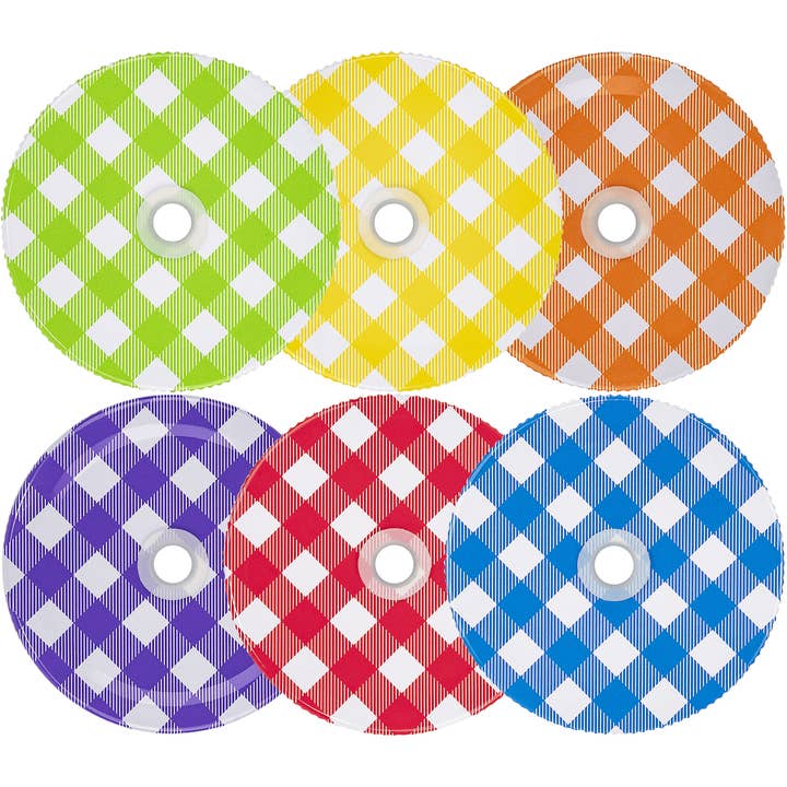 Fairly Odd Brands - Wholesale Drink Lids - Gingham Checkered Pattern Mason Jar Lids with Hole, Set 6