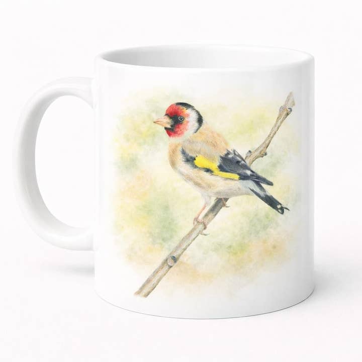 Caneca de Cerâmica com Acabamento Brilhante Premium Pintada com Pintassilgo em Aguarela por atacado de Brew Crew Gifts