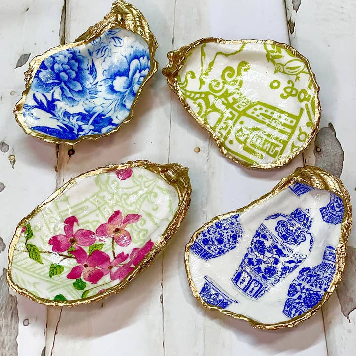 Alison Brooke Designs - Wholesale Jewelry Dish - Blue Flowers Oyster Trinket Dish2