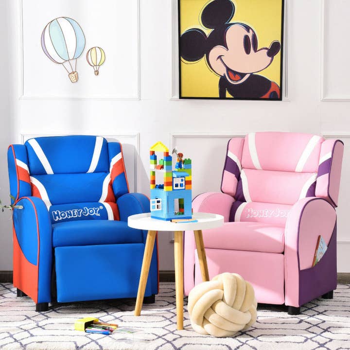 Blue Kids Leather Recliner Chair with Side Pockets for wholesale on Faire
