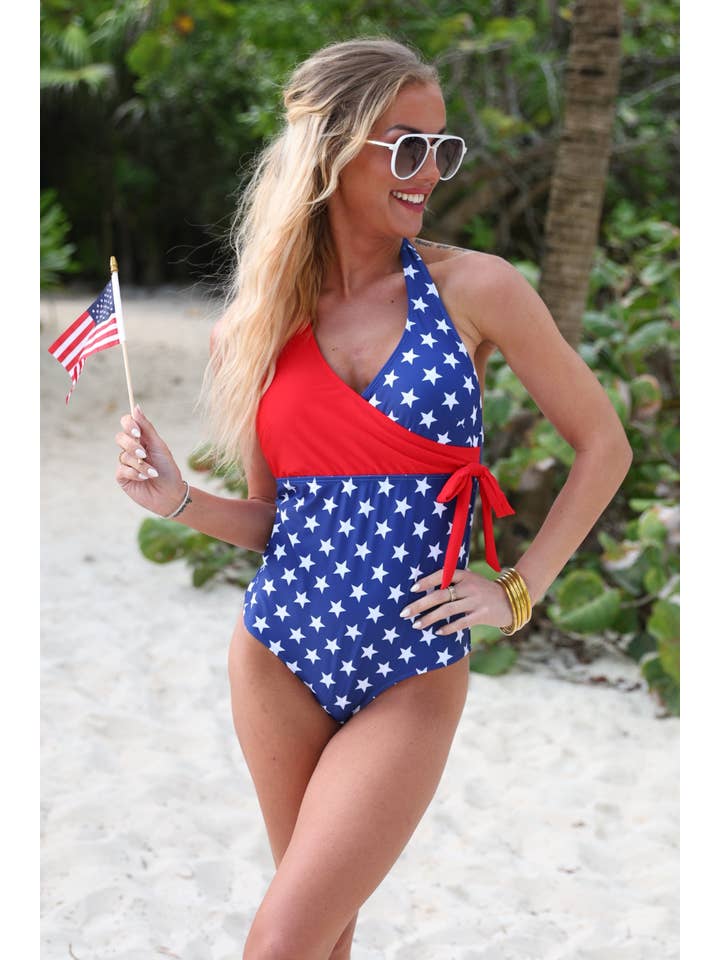 Red Blue Liberty Wave Halter Swimsuit, Red/Blue for wholesale on Faire5