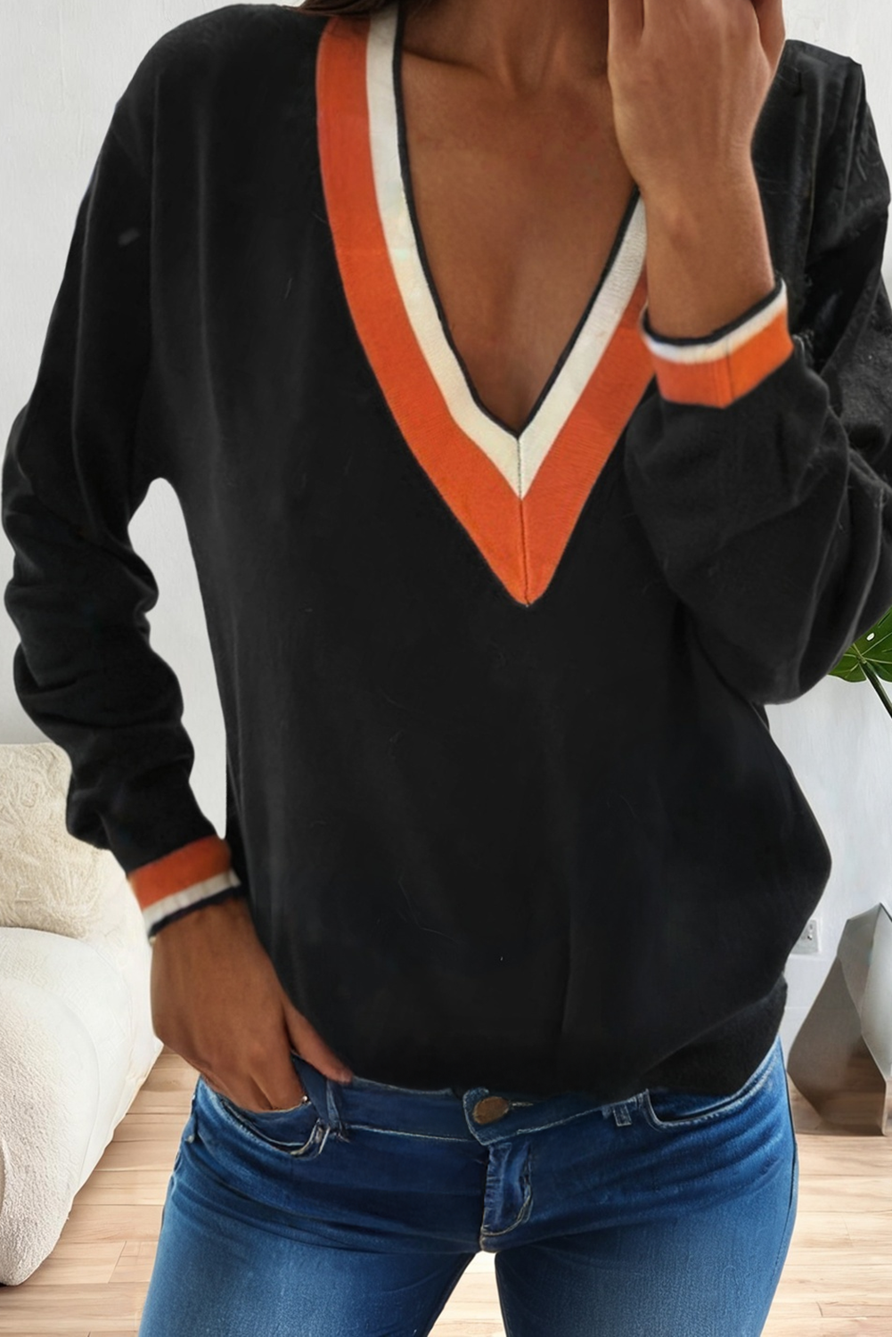 LA Society - Vente Sweat-shirt – femme - Pulls universitaires à col en V avec bordure contrastée à rayures pour femmes3