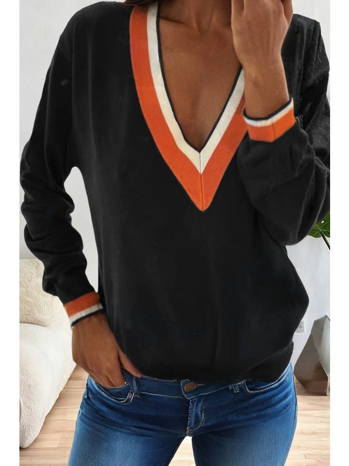 LA Society - Wholesale Sweatshirt - Women's - Contrast Striped Trim V Neck Varsity sweaters for women3