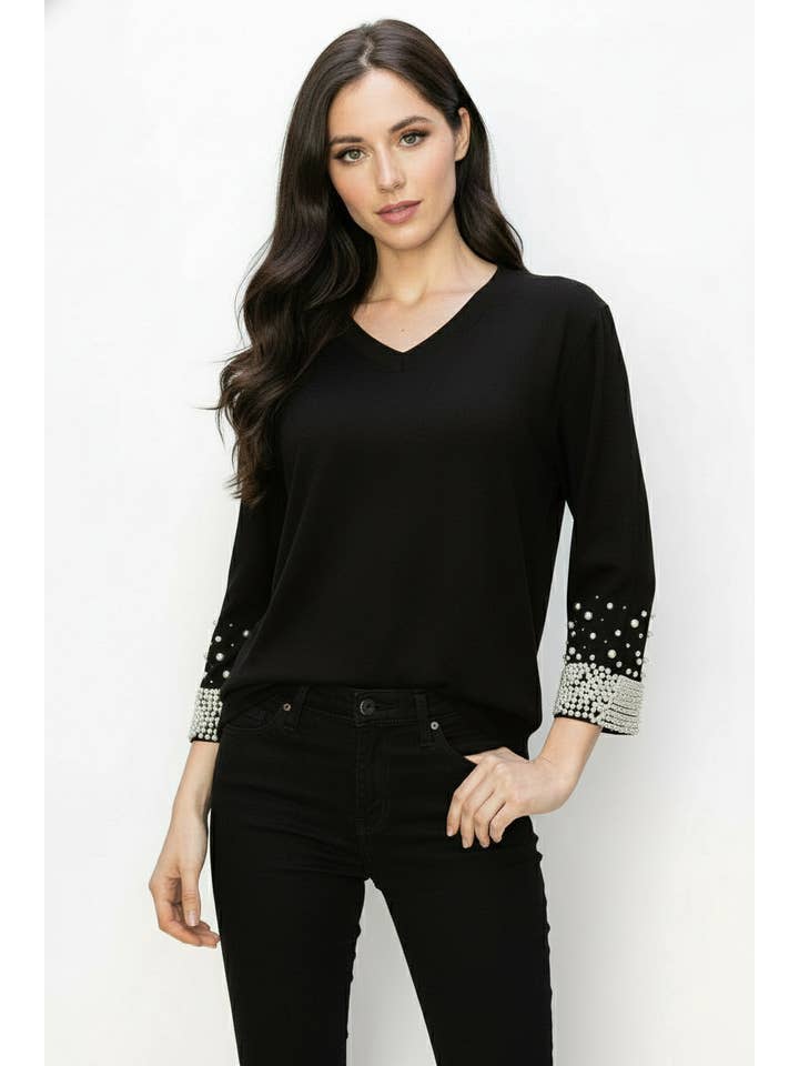 Joh Apparel - Vendita all'ingrosso Camicetta - Donna - Top in camoscio elasticizzato Alani con perle2