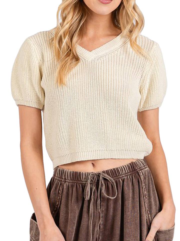 Puff Sleeve V-neck Cropped Knit Sweater Top for wholesale by Vanilla Monkey
