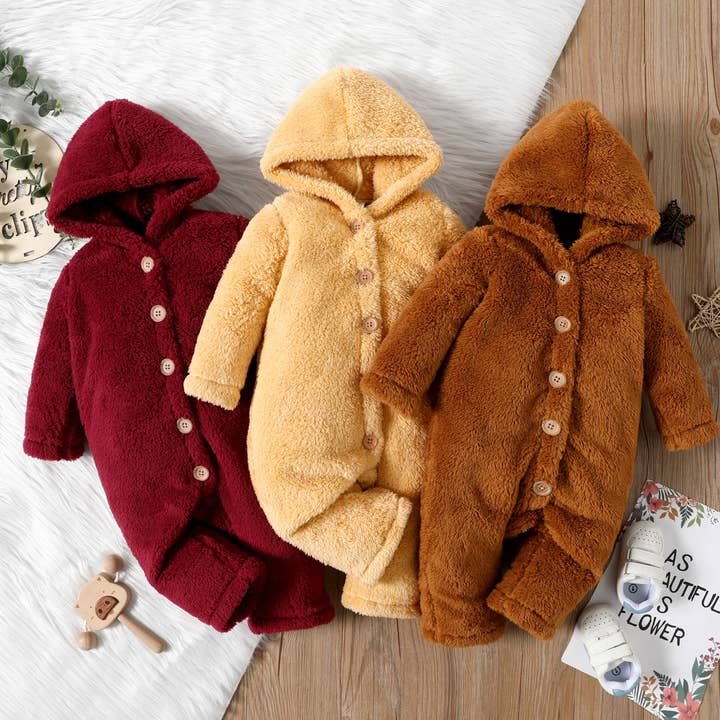 PatPat - Wholesale Jumpsuit - Baby - Baby Girl Solid Thickened Fuzzy Long-sleeve Hooded Jumpsuit