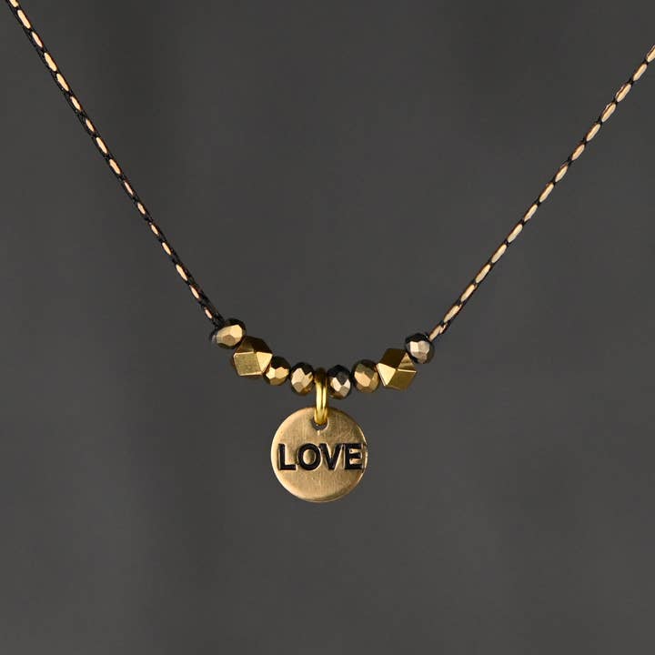 Delicate Beaded Stamped Love w/ Gold Crystals Necklace for wholesale by KBD Studio