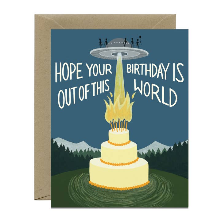 Out Of This World Spaceship, Aliens, Cake & UFO Birthday Card for wholesale by Yeppie Paper