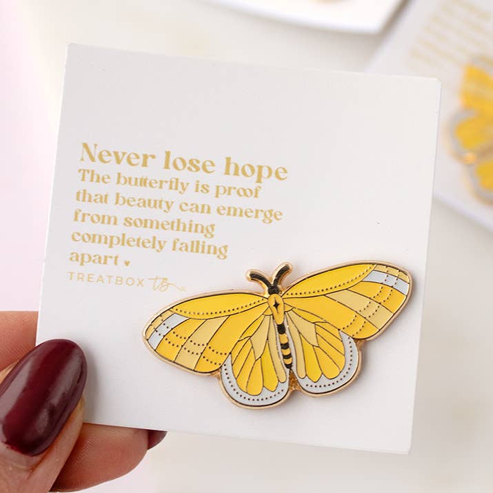 Yellow Butterfly 'Never Lose Hope...' Enamel Pin Badge for wholesale by TreatBox