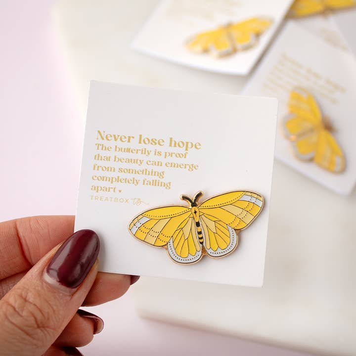 Yellow Butterfly 'Never Lose Hope...' Enamel Pin Badge for wholesale by TreatBox
