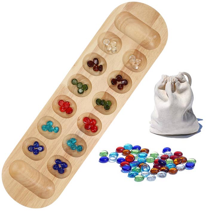 Wood Expressions - Wholesale Board Game - Solid Wood Mancala Board Game with Glass Stones - 22 in.