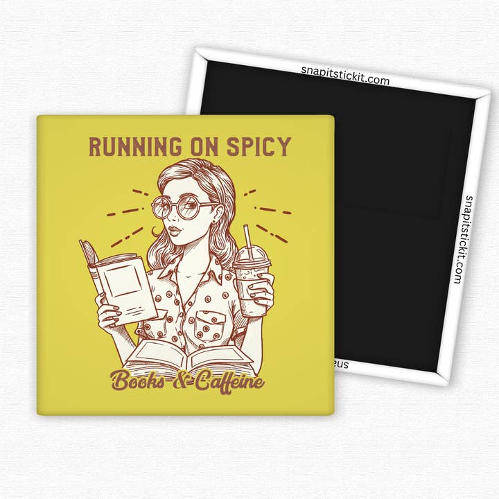Running on Spicy Books & Caffeine – Funny Magnet for Book Lovers and Coffee Addicts for wholesale by Snap It Stick It