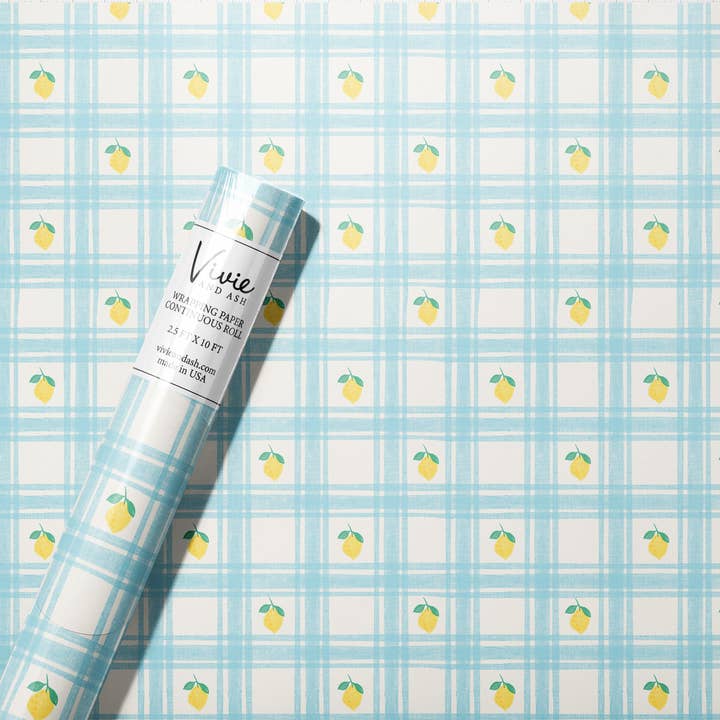 Vivie and Ash - Wholesale Wrapping Paper Roll - Blue Lemon Linen Gingham Wrapping Paper Roll