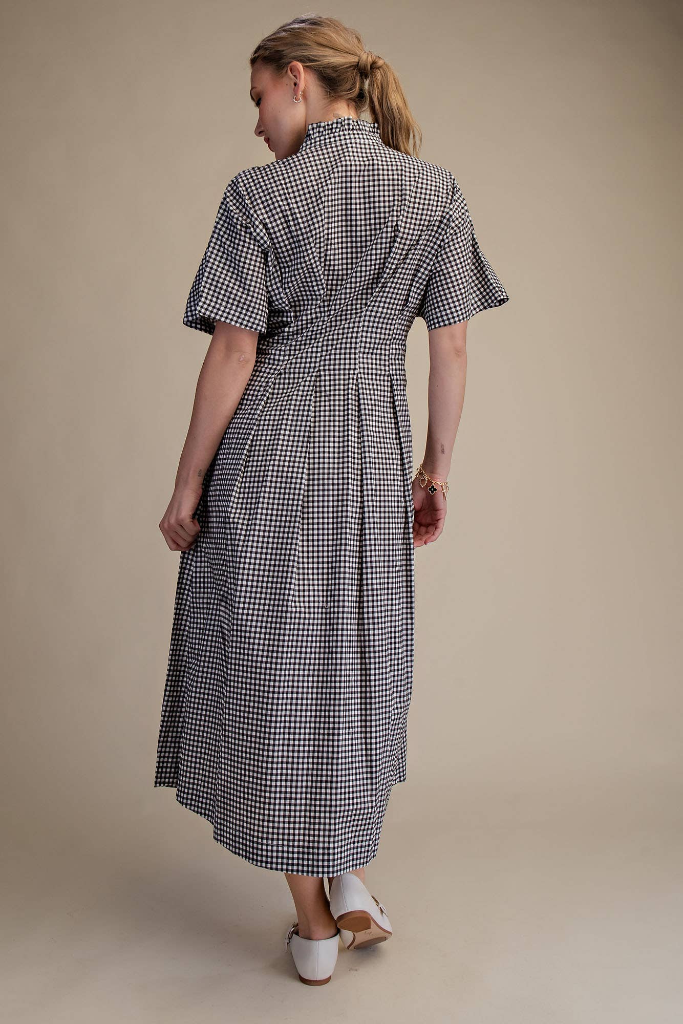 Glam - Wholesale Dress - Women's - Gingham Check Ruffle Neck Waist Pleated Midi Dress4