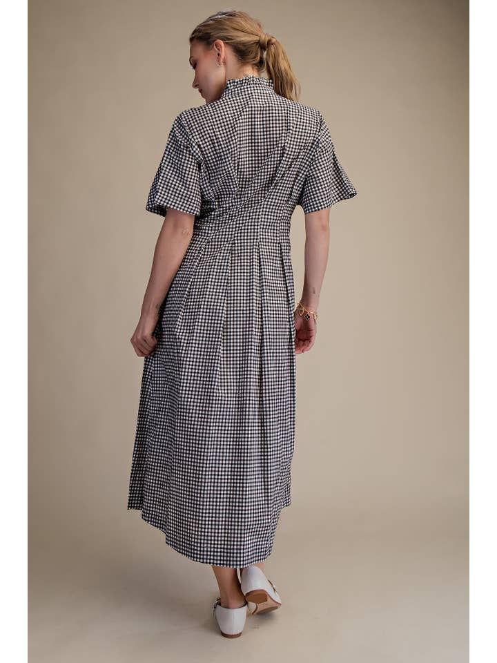 Glam - Wholesale Dress - Women's - Gingham Check Ruffle Neck Waist Pleated Midi Dress4