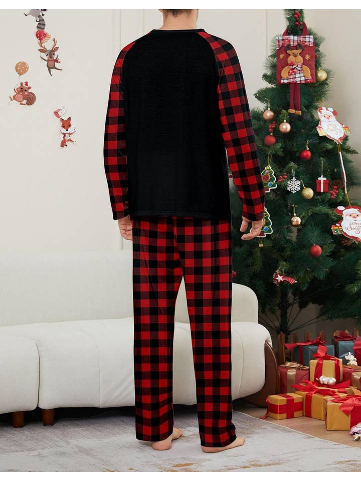 Anna Kaci Wholesale - Wholesale Sleepwear Set - Unisex - Family Christmas Pajama Set with Black Tops Red Plaid Pants16