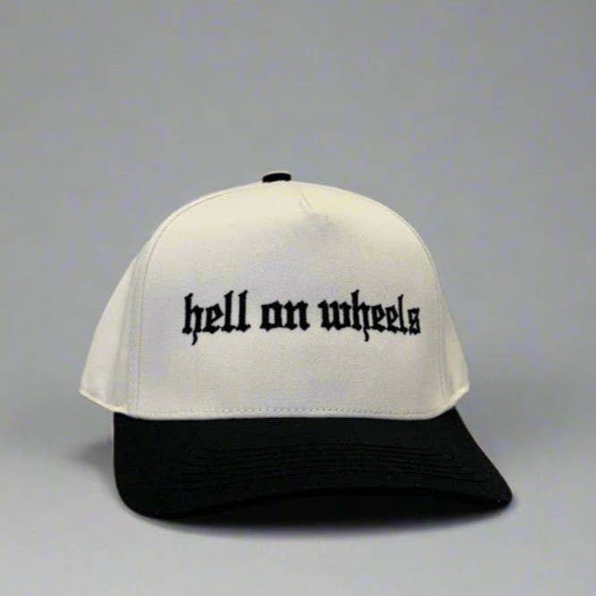 Hell on Wheels Trucker Hat Structured Canvas Natural/Black for wholesale by Smokeshow Hat Company