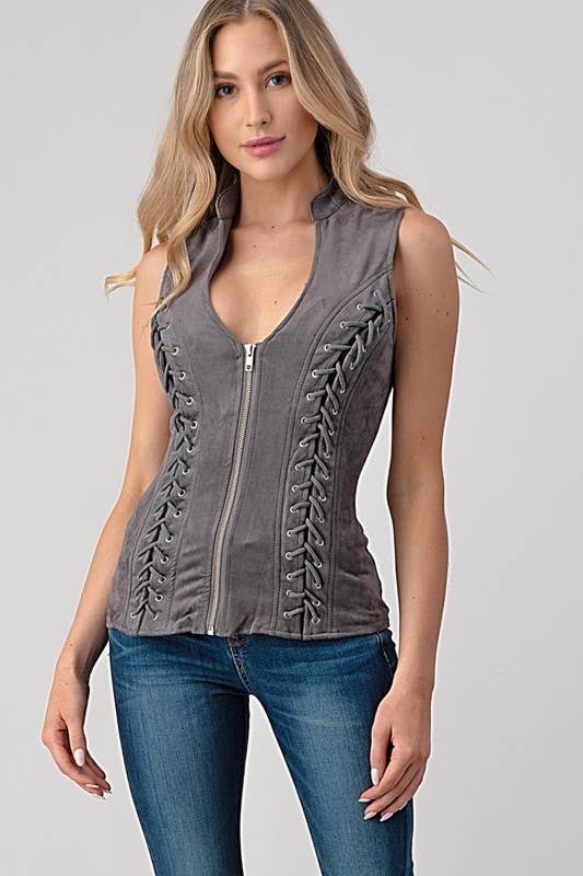 Lydia USA - Wholesale Blouse - Women's - Front Lace Up Back Cut Out Detail Suede Plus Top12