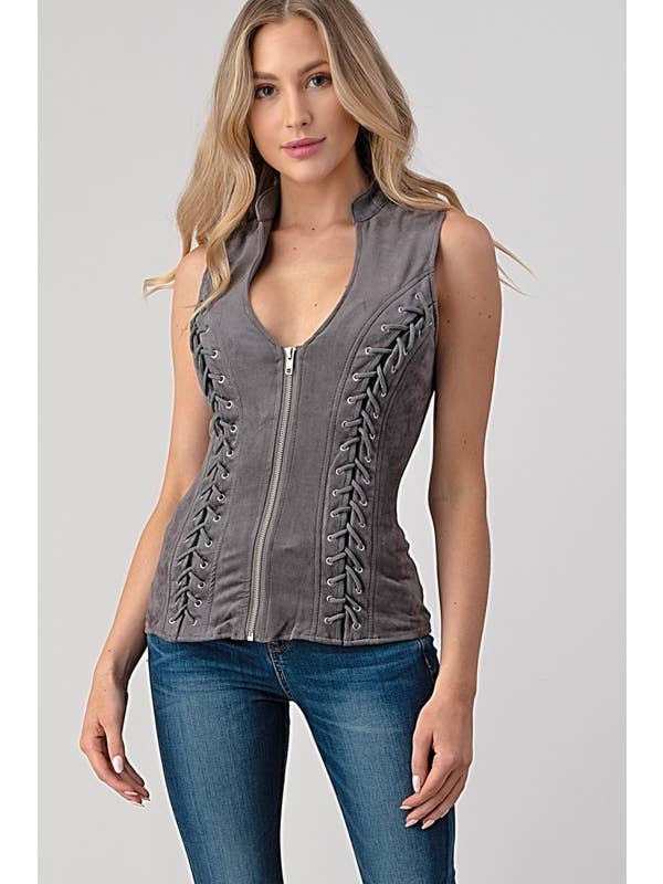 Lydia USA - Wholesale Blouse - Women's - Front Lace Up Back Cut Out Detail Suede Plus Top12