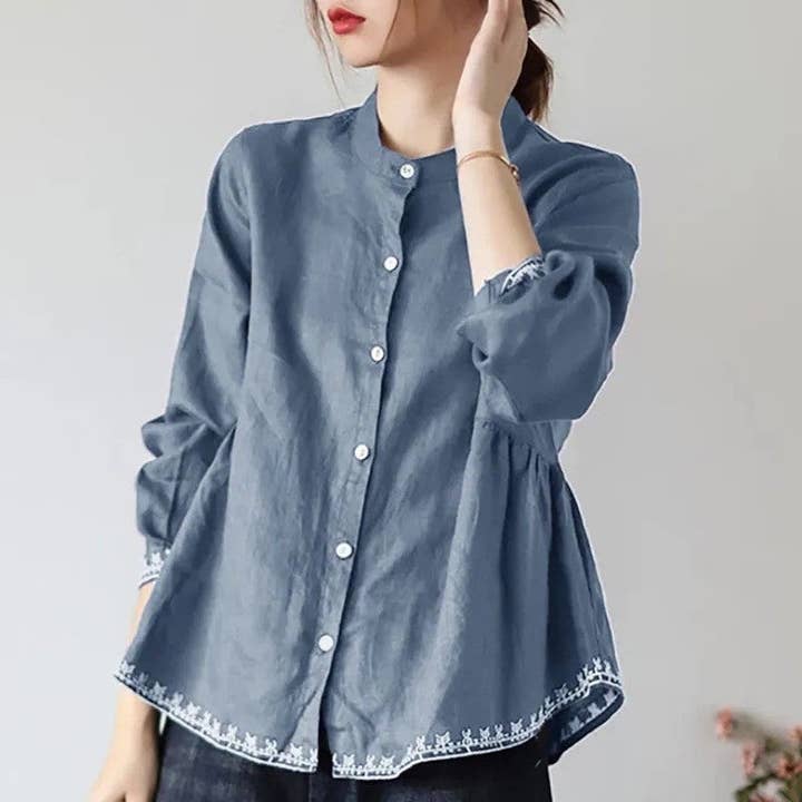 UZ Wholesale Store - Wholesale Button Down Shirt - Women's - Solid Color Loose Fit Plus Size Stand Collar Shirt