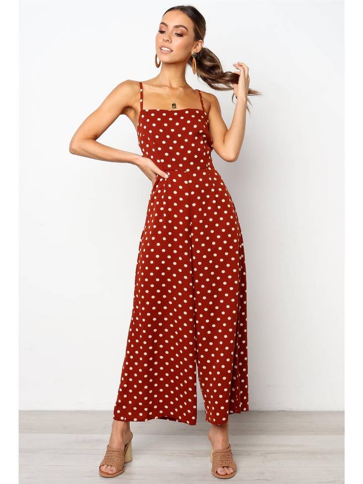FS Collection - Venta al por mayor Vestido - Mujer - Mono tipo culotte anudado en lunares color vino