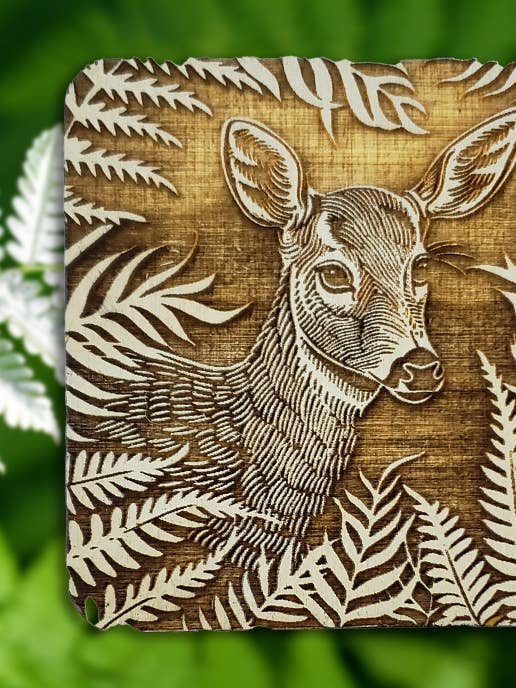 Set of 4 Deer Wildlife Animal Engraved Wood Drink Coasters for wholesale by Starlene Designs