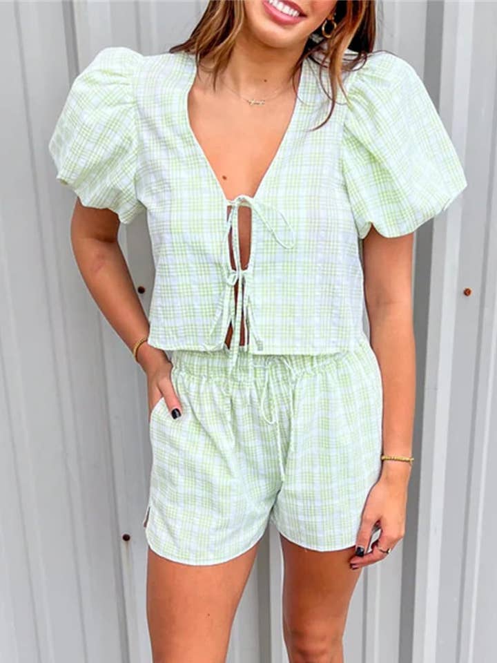 Rosa Clothing - Wholesale Lounge Set - Women's - V-Neck Lace-Up Puff Sleeve Top Shorts Plaid Set