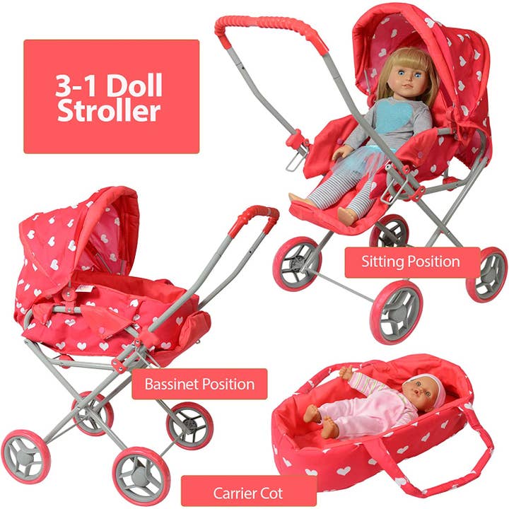The New York Doll Collection - Wholesale Doll Stroller - Kids - Heart Printed Doll Bassinet Stroller with Travel Carry Bag4