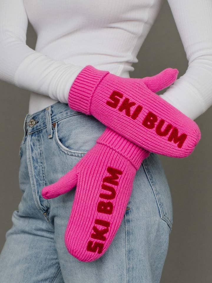 Bright Pink & Red Ski Bum Knit Mittens for wholesale by Panache Apparel Co.