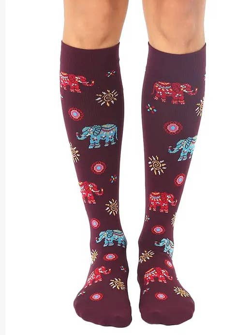 Compression Socks (15-20mmHg) - Painted Elephants - Maroon for wholesale by Living Royal