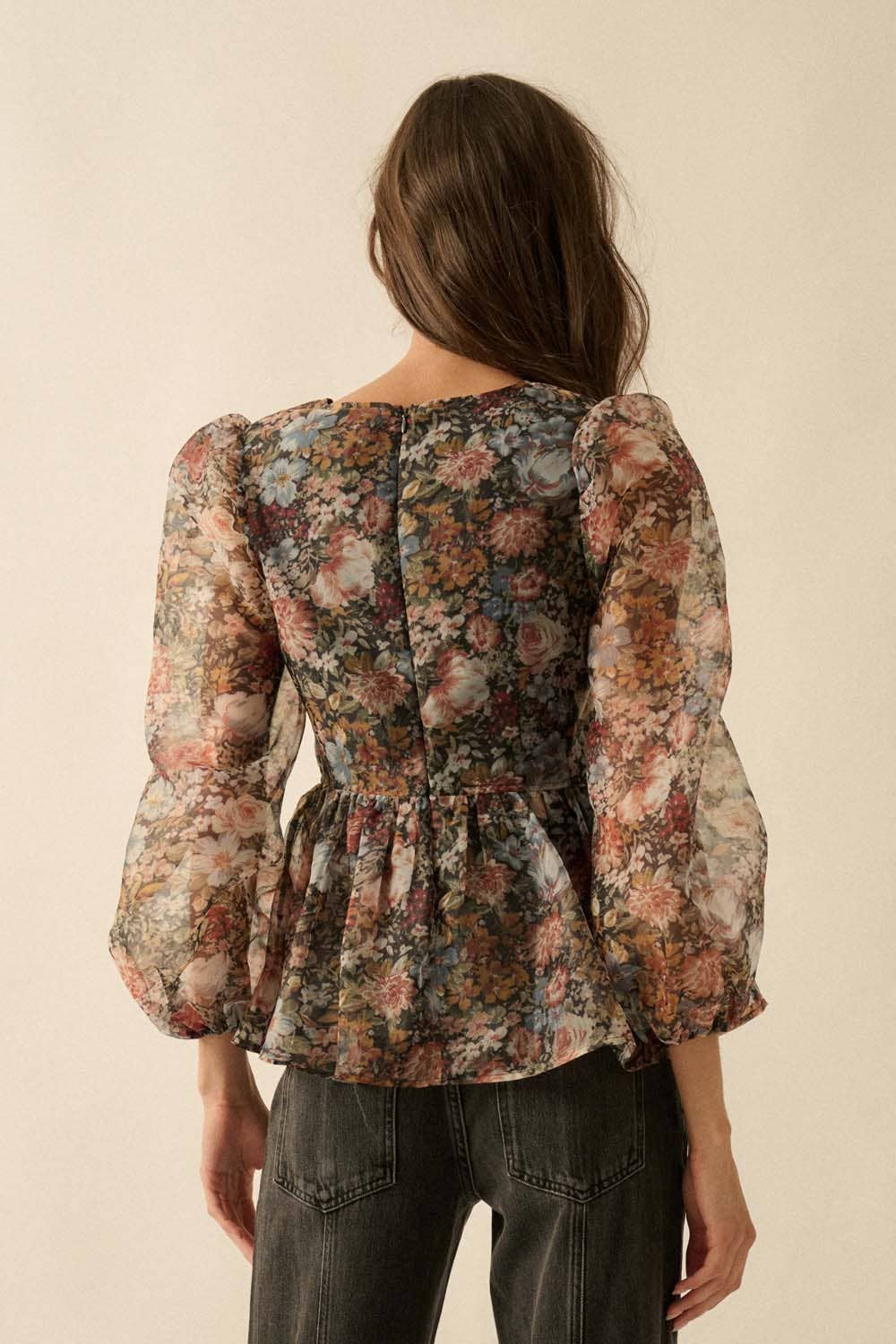 BLACK Floral-Print Organza Puff-Sleeve Peplum Top for wholesale on Faire11