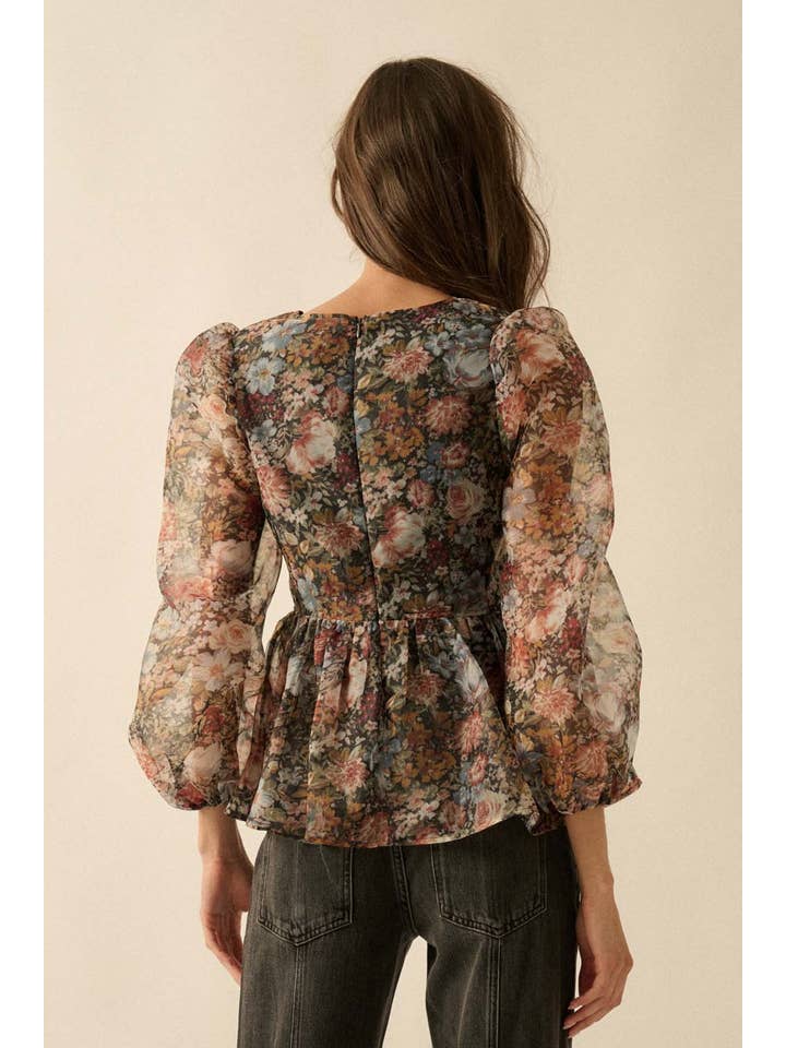BLACK Floral-Print Organza Puff-Sleeve Peplum Top for wholesale on Faire11