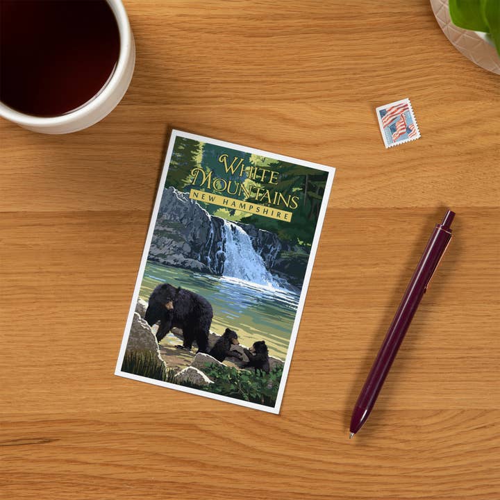 Lantern Press - Wholesale Postcard - PREMIUM POSTCARDS White Mountains, NH Waterfall and Bears